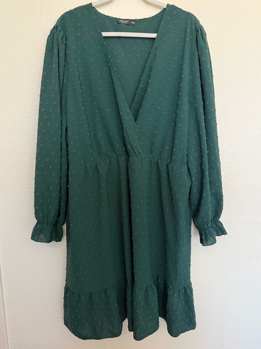 SHEIN Forest Green Long-Sleeve V-Neck Tiered Dress